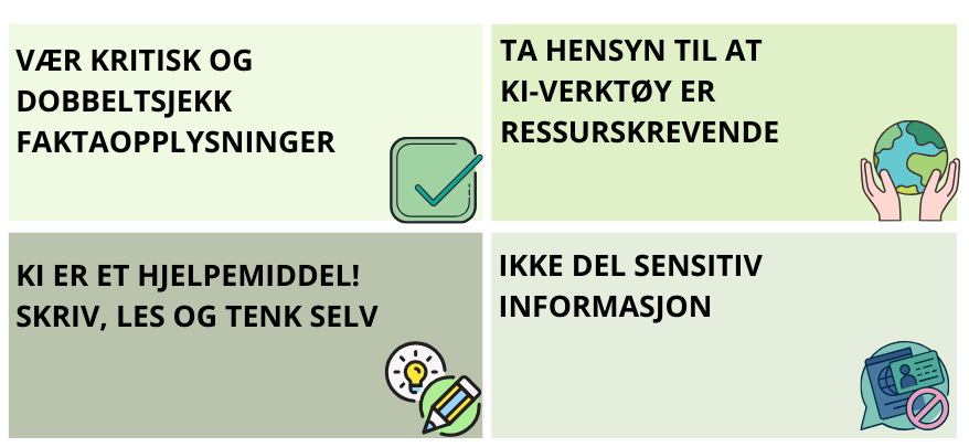 [vær kritisk og dobbelsjekk faktaopplysninger, ta hansyn til at ki-verktøy er ressurskrevende, ki er et hjelpemiddel, skriv, les og tenk selv]